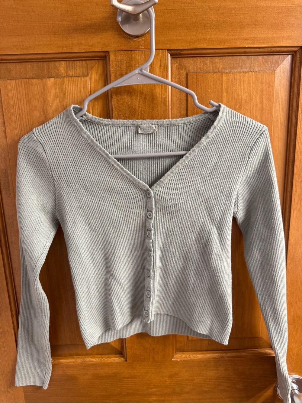 Brandy Melville Ribbed V‑Neck Button‑Front Top in Sage Green